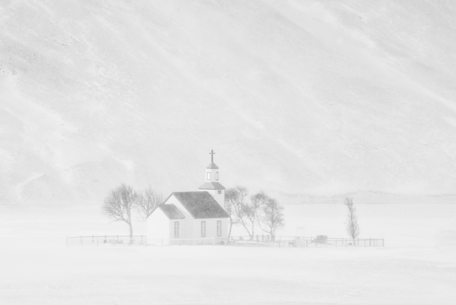 Small church in the snow storm