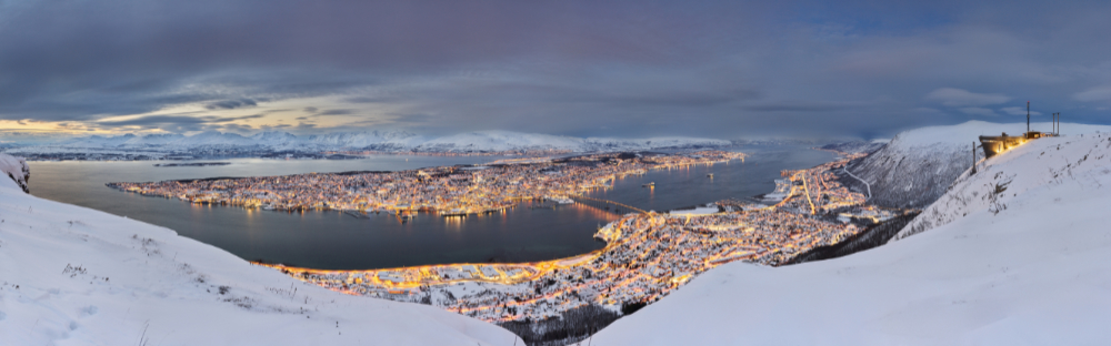 Panoramic view of the winter Tromso in the snow
