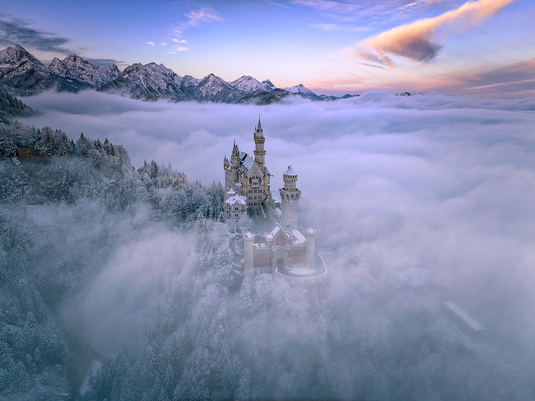 snow and fog around Neuschwanstein castle