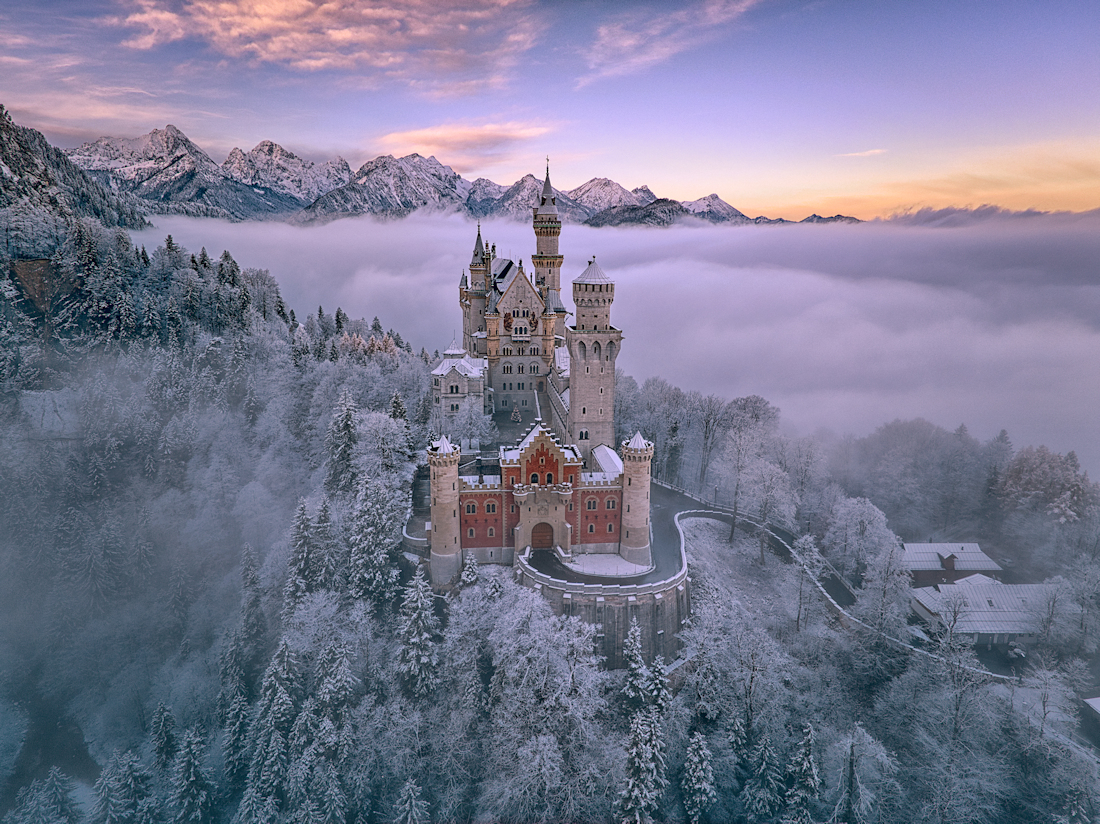 snow and fog around Neuschwanstein castle