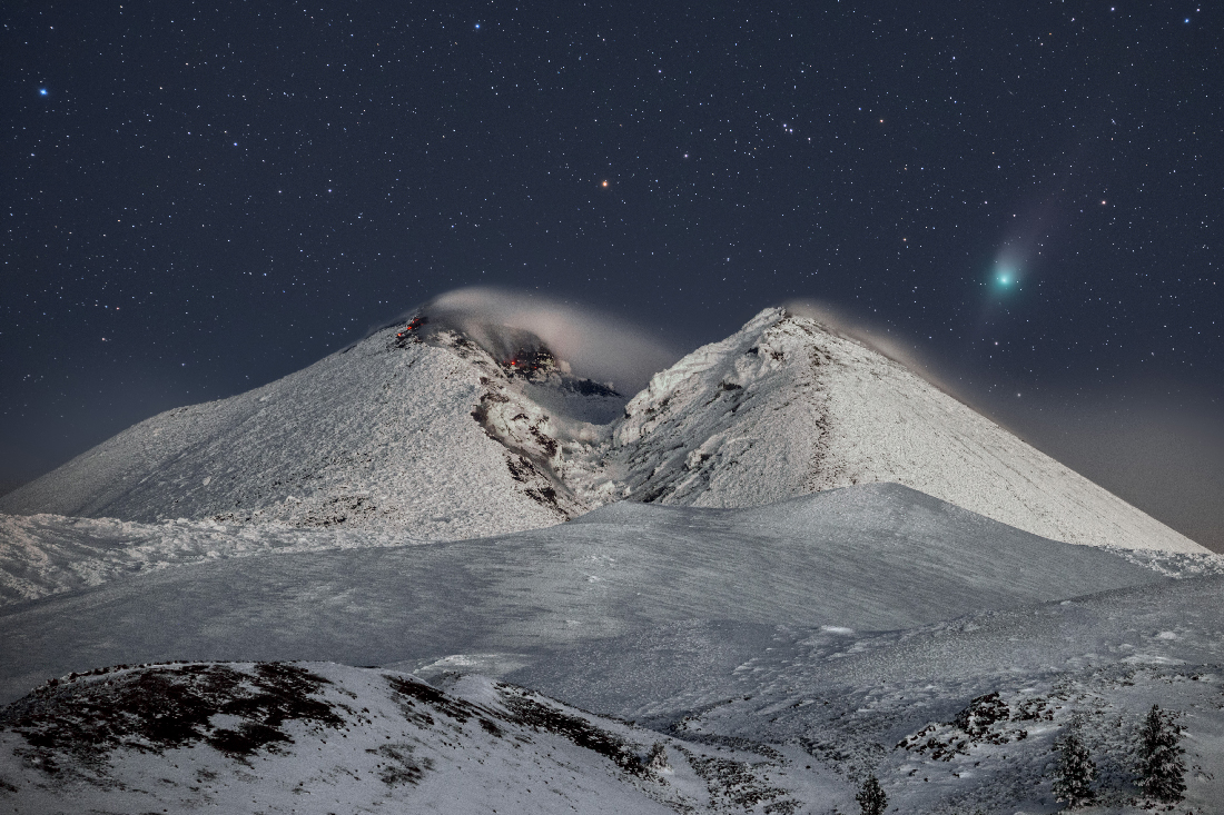 Comet 2022 E3 Above Snowy Mount Etna